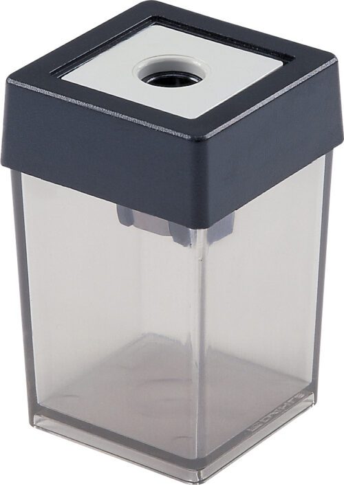 The Dahle 53461 Single Canister Pencil Sharpener, available in gray as a case of 100, features a transparent rectangular design with a black top and circular pencil opening, revealing the shavings container for practicality and style.