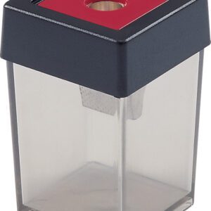 The Dahle 53463 Single Canister Pencil Sharpener, Red, features a transparent square design with a black lid and red top, offering a central hole for pencils and collecting shavings in the clear container. Sold in cases of 100.