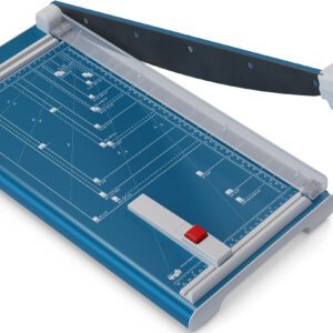 The Dahle 534 Professional Guillotine boasts an 18 cut length, a blue base, and a black blade. It features a white handle for easy use, measurement guides and a red safety lock on the cutting surface, plus paper size templates on the base for precise projects.