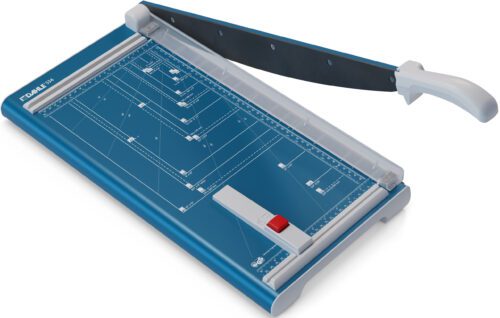 The Dahle 534 Professional Guillotine boasts an 18 cut length, a blue base, and a black blade. It features a white handle for easy use, measurement guides and a red safety lock on the cutting surface, plus paper size templates on the base for precise projects.
