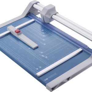 The Dahle 550 Professional Rotary Trimmer has a 14 cut length, features a blue and gray design with a transparent guide, includes a measurement grid on its surface, and uses a sliding blade on a metal bar for precise cuts.