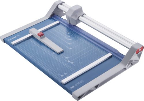 The Dahle 550 Professional Rotary Trimmer has a 14 cut length, features a blue and gray design with a transparent guide, includes a measurement grid on its surface, and uses a sliding blade on a metal bar for precise cuts.