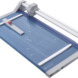 The Dahle 552 Professional Rotary Trimmer boasts a sleek blue and silver design, a sliding blade on a guiding rail, and a 20 cut length for precision. It features measurement grid lines and a red button for safety or convenience.