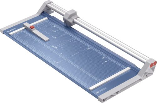The Dahle 554 Professional Rotary Trimmer, with a 28 cut length, features a blue and gray design, a sturdy metal cutting rail, and a moveable red cutting head. The base includes measurement guides and grids for precision in every cut.