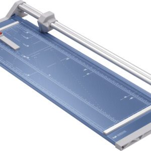 The image shows a Dahle 556 Professional Rotary Trimmer in blue with a 37 cut length. It features a grid surface, measurement guides, metal bar with sliding blade, red safety latch, and transparent paper guide for precise trimming.