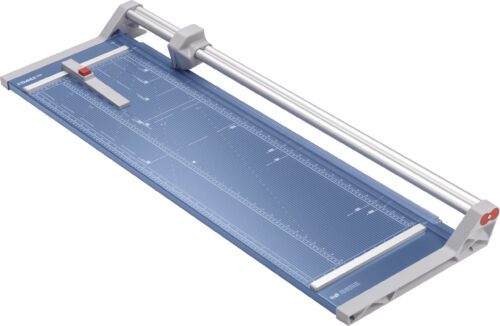 Dahle_556_Professional_Rotary_Trimmer.jpg The image shows a Dahle 556 Professional Rotary Trimmer in blue with a 37 cut length. It features a grid surface, measurement guides, metal bar with sliding blade, red safety latch, and transparent paper guide for precise trimming.