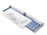 The Dahle 558 Professional Rotary Trimmer with a 51 length easily cuts through architectural sketch sheets, using its long metal blade that smoothly glides over the blue base marked with precise measurement guides for accurate cuts.