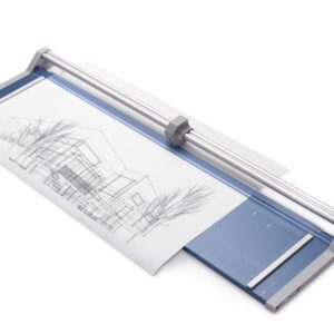 The Dahle 558 Professional Rotary Trimmer with a 51 length easily cuts through architectural sketch sheets, using its long metal blade that smoothly glides over the blue base marked with precise measurement guides for accurate cuts.