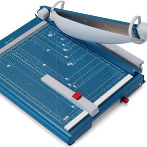 The Dahle 565 Premium Guillotine features a blue and silver design with a white handle, providing precision with its 15 cut length. It includes measurement guides and a grid for accuracy, while the blade lifts to reveal the sharp edge for exact cuts.