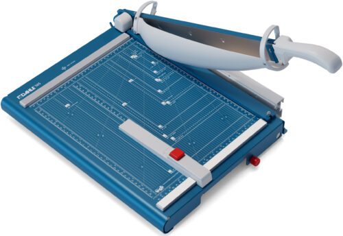 The Dahle 565 Premium Guillotine features a blue and silver design with a white handle, providing precision with its 15 cut length. It includes measurement guides and a grid for accuracy, while the blade lifts to reveal the sharp edge for exact cuts.