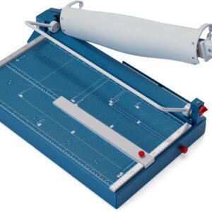 The Dahle 567 Premium Guillotine is a blue paper cutter featuring a large handle, a 21 cut length, measurement markings on a grid, and a metal alignment guide for precise trimming.