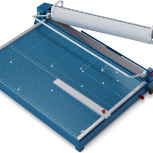 The Dahle 569 Premium Guillotine, boasting a 27 cut length, is a blue and silver paper cutter designed for easy use with a large handle. It ensures precision cutting with base measurement markings, a red adjustment knob, and a clear guide for paper or cardstock.