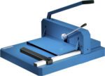 The Dahle 842 Professional Stack Cutter, with its heavy-duty design and long black handle, features a metal guide bar, adjustable lever, and sturdy base for precise cutting. It effortlessly handles up to 200 sheets for accurate alignment and cuts every time.