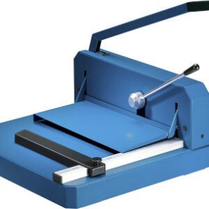 The Dahle 842 Professional Stack Cutter, with its heavy-duty design and long black handle, features a metal guide bar, adjustable lever, and sturdy base for precise cutting. It effortlessly handles up to 200 sheets for accurate alignment and cuts every time.