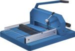 The Dahle 846 Professional Stack Cutter, designed for 500 sheets, boasts a robust build with a lever handle, metal cutting guide, base measurement markings, and transparent safety guard for precise cuts and user safety.