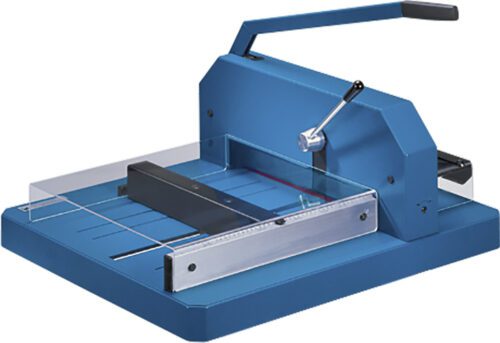 The Dahle 846 Professional Stack Cutter, designed for 500 sheets, boasts a robust build with a lever handle, metal cutting guide, base measurement markings, and transparent safety guard for precise cuts and user safety.