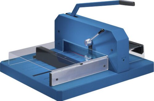 The Dahle 848 Professional Stack Cutter is an industrial paper cutter in blue, featuring a lever handle, metal guide, and clear safety shield. It precisely cuts up to 700 sheets at once and includes a measurement grid on the base for enhanced accuracy.