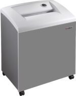 The Dahle 50514 Oil-Free Paper Shredder, designed for departmental use, is a sleek gray unit with a white top and circular control knob. Mounted on four wheels, it ensures mobility and efficiency in any office setting.