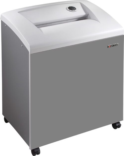 The Dahle 50514 Oil-Free Paper Shredder, designed for departmental use, is a sleek gray unit with a white top and circular control knob. Mounted on four wheels, it ensures mobility and efficiency in any office setting.