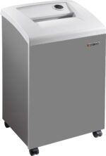 The DAHLE CleanTEC® 41434 High Security Paper Shredder, Extreme Cross Cut, features a sleek gray rectangular design on wheels with a control dial and paper slot on top. The prominent brand logo is displayed on the front panel.