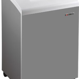 The DAHLE CleanTEC® 41434 High Security Paper Shredder, Extreme Cross Cut, features a sleek gray rectangular design on wheels with a control dial and paper slot on top. The prominent brand logo is displayed on the front panel.