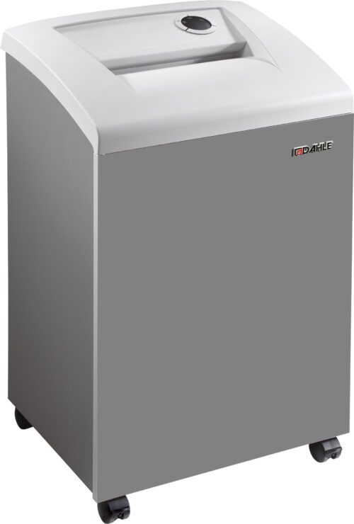 Dahle_High_Security_Office_Shredder.jpg The DAHLE CleanTEC® 41434 High Security Paper Shredder, Extreme Cross Cut, features a sleek gray rectangular design on wheels with a control dial and paper slot on top. The prominent brand logo is displayed on the front panel.