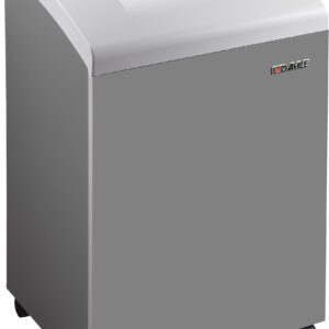 The Dahle 40334 High Security Paper Shredder, Extreme Cross Cut, is sleek and rectangular in gray with a top paper entry slot, control dial, wheels for mobility, and a subtle front logo.