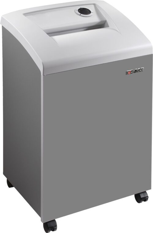 The Dahle 40334 High Security Paper Shredder, Extreme Cross Cut, is sleek and rectangular in gray with a top paper entry slot, control dial, wheels for mobility, and a subtle front logo.