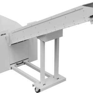 The Dahle PowerTEC® 919 CB Output Conveyor is an industrial-grade conveyor belt system on wheels, ideal for material handling. Featuring a hopper at one end and an upward-inclined flat belt, this white conveyor is supported by a robust frame.