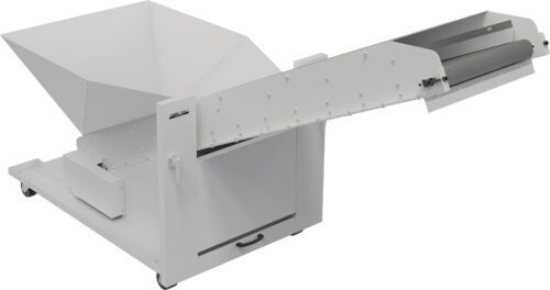 Image of a sleek, white Dahle PowerTEC® 929 CB Output Conveyor showing a large funnel-shaped hopper and extended conveyor. The design features visible bolts and small wheels for easy mobility.
