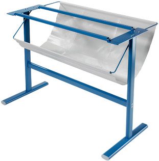 Dahle_Premium_Rotary_Trimmer_Stand_796.jpg The Dahle 796 Stand for the 446 Premium Rotary Trimmer, similar to a blue metal paper roll dispenser, features a white sheet partially extended. Its sturdy base and uncomplicated design provide seamless paper cutting and dispensing.