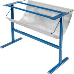 The Dahle 798 Stand for the 448 Premium Rotary Trimmer boasts a sleek blue metal frame, perfect for holding and dispensing white paper or plastic sheeting with ease using its two legs and horizontal bar.