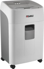 The Dahle ShredMATIC® SM 300 Auto-Feed Shredder, with its high-security and sleek white-gray design, features an auto-feed tray for up to 300 sheets, a clear view window, and caster wheels for easy mobility.