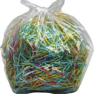 A clear plastic bag of Dahle 20723 Shred Bags for 8-10 gal. shredders (case of 200) showcasing colorful shredded paper, including blue, yellow, and red strips. It is tied at the top for a rounded shape, allowing the vibrant contents to be visible—a perfect blend of utility and color.