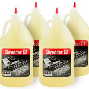A case of four 1-gallon bottles of Dahle 20722 Shredder Oil, each with a red cap and a label featuring shredded paper, is perfect for maintaining your shredder’s performance and ensures youre well-stocked.
