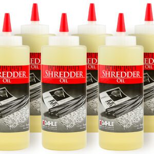A case of Dahle 20721 Shredder Oil includes six 12-ounce bottles arranged in two rows, each with a red cap and a label featuring shredded paper and Shredder Oil prominently displayed.
