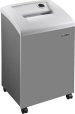 The Dahle 40330 Paper Shredder, ideal for small offices, features extreme cross-cutting in a gray rectangular body on wheels. It has a top control dial and a paper slot, with the brand logo prominently displayed on the front.