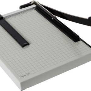 The Dahle Vantage® 15e Trimmer, with a 15 cut length, features a grid-marked base and long black handle for precision. Measurement markings and a right-side cutting arm enhance accuracy and convenience. Sold in cases of 5.