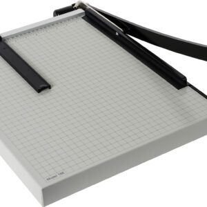 The Dahle Vantage® 18e Trimmer, featuring a grid-patterned base with a measurement guide for precise cuts up to 18, has a long black cutting arm on the right. Available in a case of 4 for added convenience.