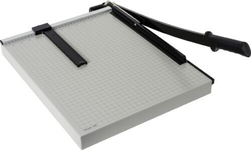The Dahle Vantage® 18e Trimmer, featuring a grid-patterned base with a measurement guide for precise cuts up to 18, has a long black cutting arm on the right. Available in a case of 4 for added convenience.