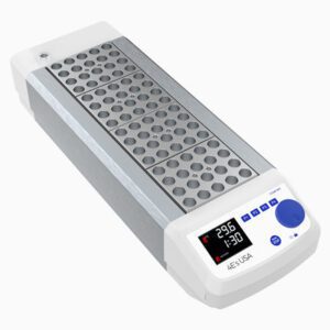 The MH-USA Dry Bath Incubator, 4-Block Model, by 4ES USA, boasts a digital display for temperature and time, a sleek metallic surface with multiple sample slots, and operation buttons displayed on the front.