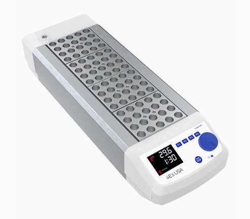 E-4BLOCKS_4d965226-39e5-4fe4-8725-b5cb48e5b30c_493x.jpg The MH-USA Dry Bath Incubator, 4-Block Model, by 4ES USA, boasts a digital display for temperature and time, a sleek metallic surface with multiple sample slots, and operation buttons displayed on the front.