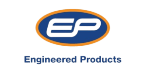Logo featuring the letters EP in a stylized blue font within an orange-bordered blue oval. Below, in blue text, it reads Engineered Products, emphasizing ergonomic storage solutions. The background is transparent.