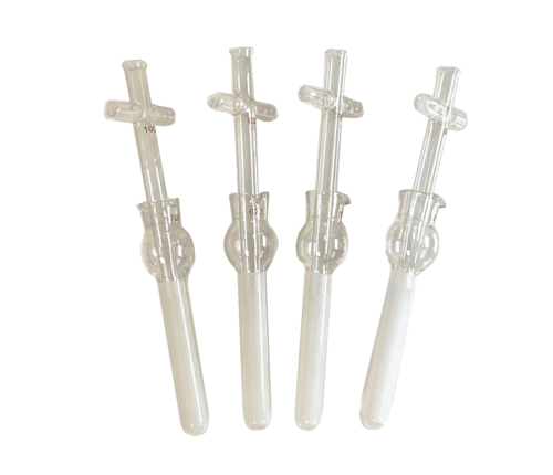 A 4-pack of MH-USA Glass Tissue Grinders in Dounce/TenBroeck style, each with a bulb section and cross-shaped handle, displays elegance with its classic design. These 20ml transparent glass tools stand vertically on a white background.
