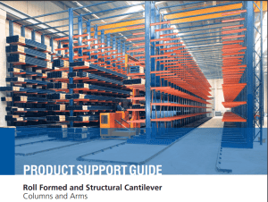 Warehouse interior with blue and orange cantilever racking systems for storage, labeled Product Support Guide: Roll Formed and Structural Cantilever - Columns and Arms.