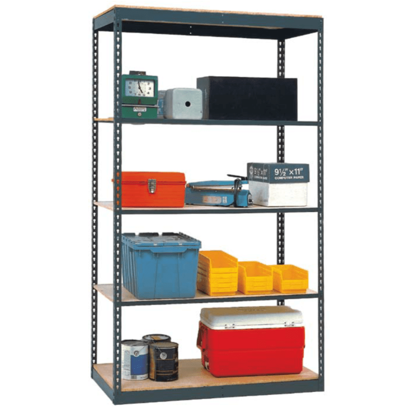 A metal shelving unit with five shelves, holding various items including a small green cabinet, a red toolbox, blue and black storage bins, yellow organizers, a red cooler, and a black box.