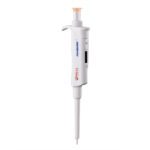 The MH-USA Precipette Pipette is a white, single-channel adjustable pipette featuring a digital display, an orange cap, and a long white tube, designed for precise 0.1-2.0μl liquid measurement in labs.