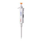 This image showcases the MH-USA Precipette Pipette, a single-channel, adjustable volume device (0.5-10μl). It has a white design with red accents, featuring an orange plunger button and volume display for precise liquid transfer.