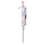 The MH-USA Precipette Pipette is a white, adjustable single-channel micropipette with a pink top button, brand markings on the side, and features precise 2-20μl volume measurement through its digital display and long dispensing tip.