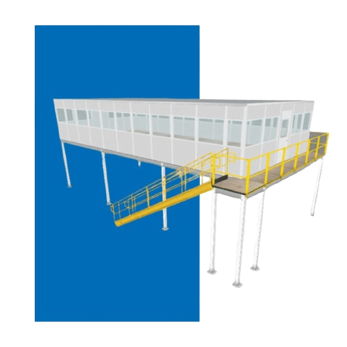 Illustration of an elevated modular building with white walls and multiple windows, supported by tall legs. It features a yellow-railed access ramp and is set against a blue background, embodying the customizable modular structures often seen in military settings like the Air Force.